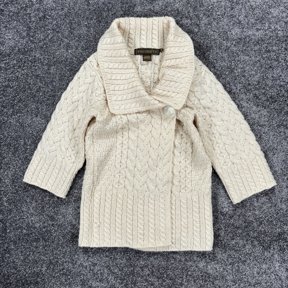 Inis Crafts 100% Merino Wool Cable Knit Open Cardigan Sweater Size Medium Cream
